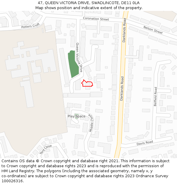 47, QUEEN VICTORIA DRIVE, SWADLINCOTE, DE11 0LA: Location map and indicative extent of plot