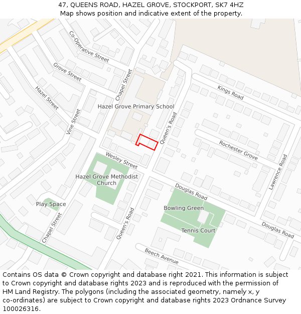 47, QUEENS ROAD, HAZEL GROVE, STOCKPORT, SK7 4HZ: Location map and indicative extent of plot