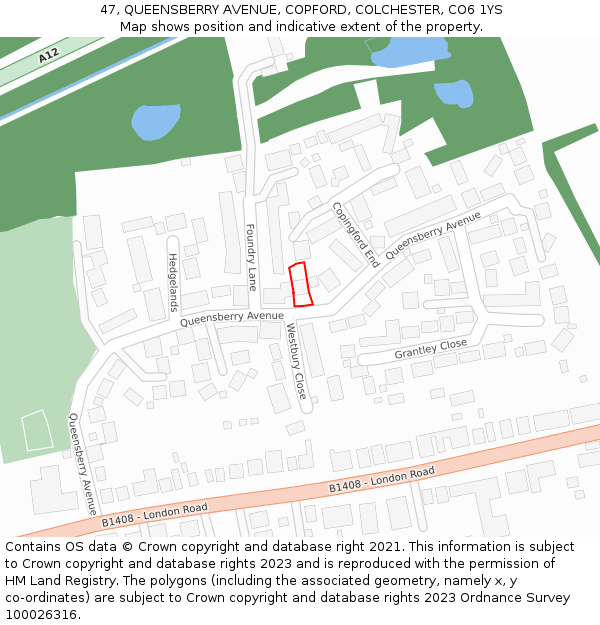 47, QUEENSBERRY AVENUE, COPFORD, COLCHESTER, CO6 1YS: Location map and indicative extent of plot