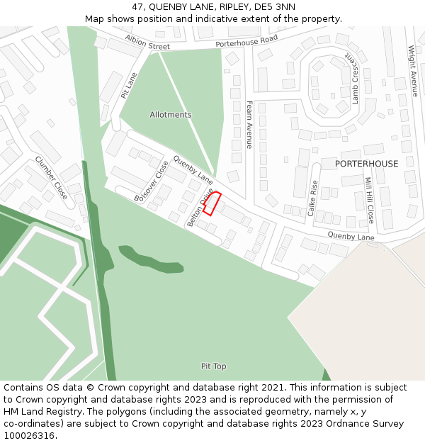 47, QUENBY LANE, RIPLEY, DE5 3NN: Location map and indicative extent of plot