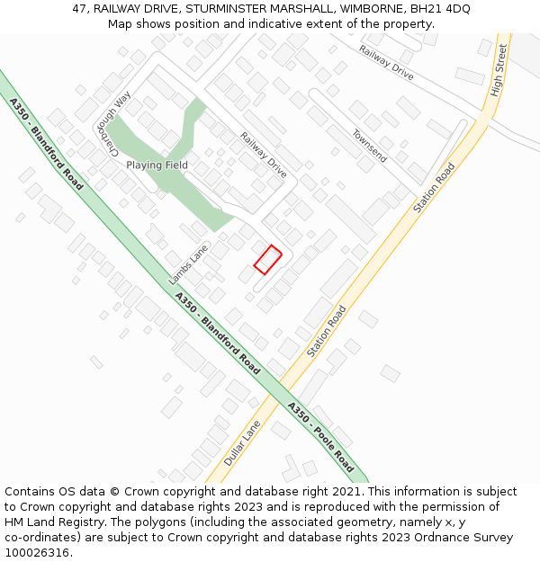 47, RAILWAY DRIVE, STURMINSTER MARSHALL, WIMBORNE, BH21 4DQ: Location map and indicative extent of plot