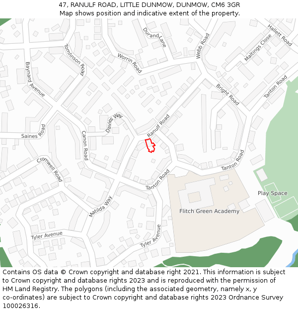 47, RANULF ROAD, LITTLE DUNMOW, DUNMOW, CM6 3GR: Location map and indicative extent of plot