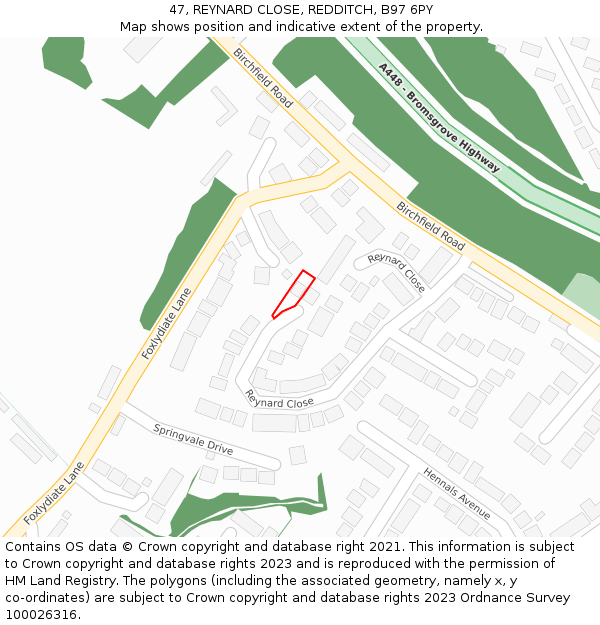 47, REYNARD CLOSE, REDDITCH, B97 6PY: Location map and indicative extent of plot