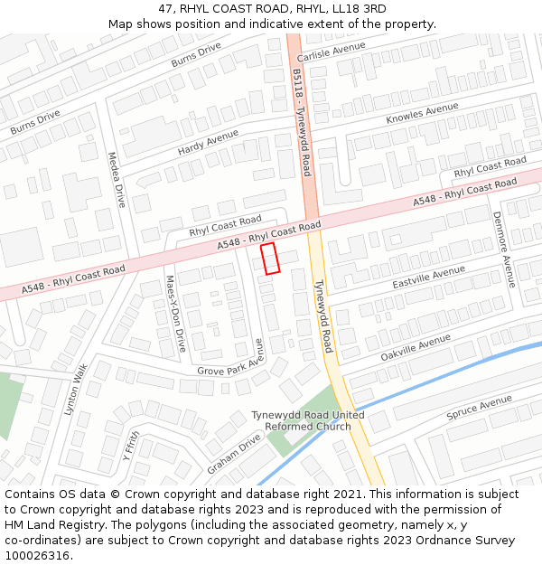 47, RHYL COAST ROAD, RHYL, LL18 3RD: Location map and indicative extent of plot