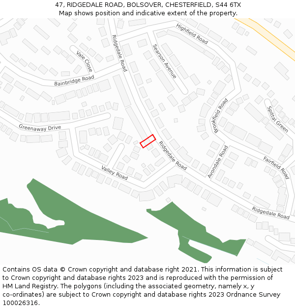 47, RIDGEDALE ROAD, BOLSOVER, CHESTERFIELD, S44 6TX: Location map and indicative extent of plot
