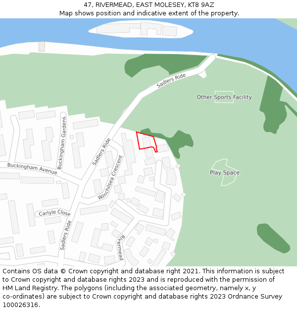 47, RIVERMEAD, EAST MOLESEY, KT8 9AZ: Location map and indicative extent of plot