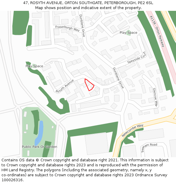 47, ROSYTH AVENUE, ORTON SOUTHGATE, PETERBOROUGH, PE2 6SL: Location map and indicative extent of plot