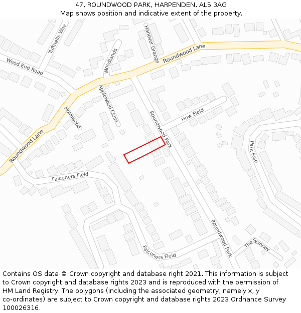 47, ROUNDWOOD PARK, HARPENDEN, AL5 3AG: Location map and indicative extent of plot