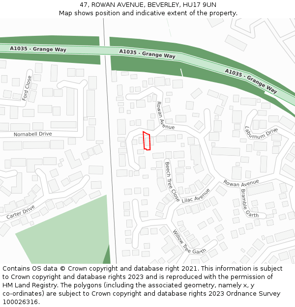 47, ROWAN AVENUE, BEVERLEY, HU17 9UN: Location map and indicative extent of plot