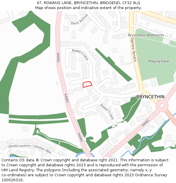 47, ROWANS LANE, BRYNCETHIN, BRIDGEND, CF32 9LQ: Location map and indicative extent of plot