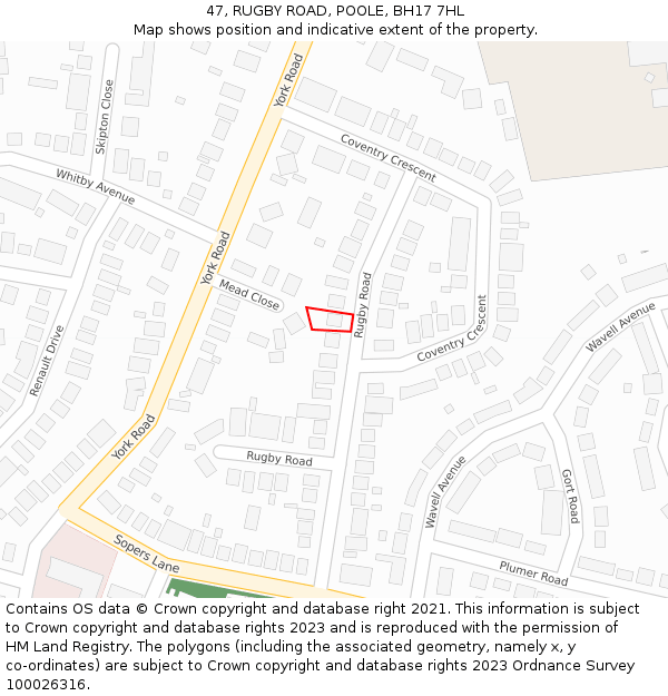 47, RUGBY ROAD, POOLE, BH17 7HL: Location map and indicative extent of plot