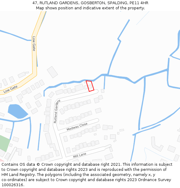 47, RUTLAND GARDENS, GOSBERTON, SPALDING, PE11 4HR: Location map and indicative extent of plot