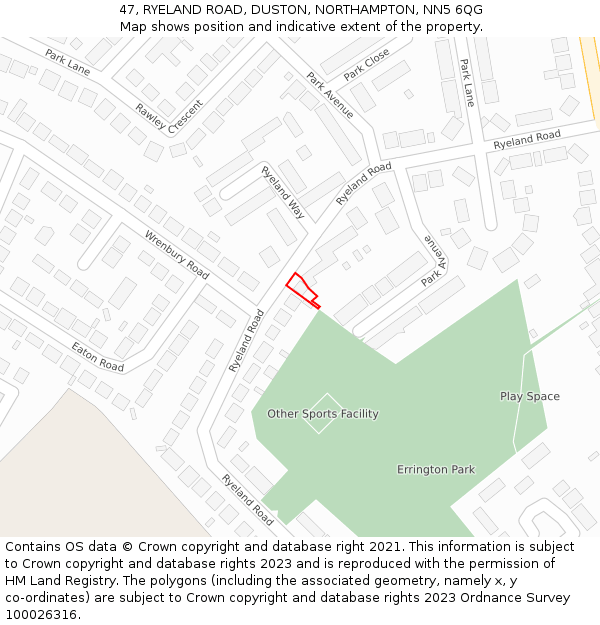 47, RYELAND ROAD, DUSTON, NORTHAMPTON, NN5 6QG: Location map and indicative extent of plot