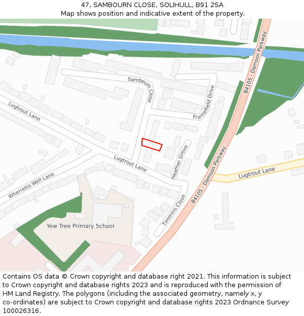 47, SAMBOURN CLOSE, SOLIHULL, B91 2SA: Location map and indicative extent of plot