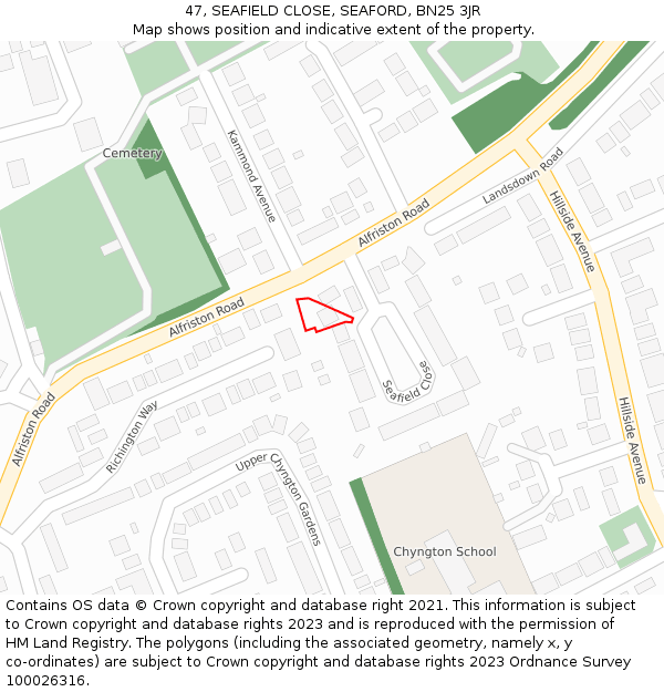 47, SEAFIELD CLOSE, SEAFORD, BN25 3JR: Location map and indicative extent of plot