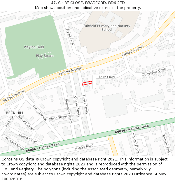 47, SHIRE CLOSE, BRADFORD, BD6 2ED: Location map and indicative extent of plot