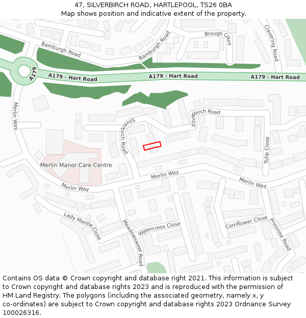 47, SILVERBIRCH ROAD, HARTLEPOOL, TS26 0BA: Location map and indicative extent of plot