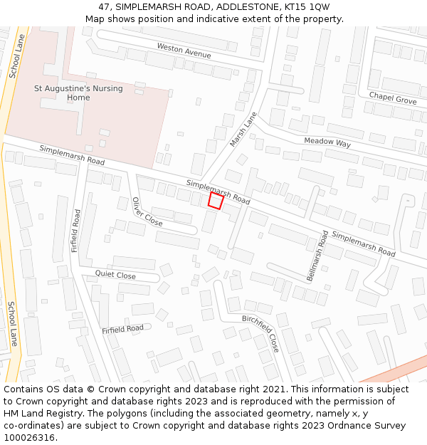 47, SIMPLEMARSH ROAD, ADDLESTONE, KT15 1QW: Location map and indicative extent of plot