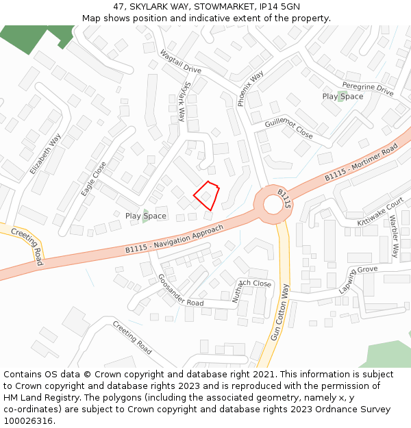 47, SKYLARK WAY, STOWMARKET, IP14 5GN: Location map and indicative extent of plot