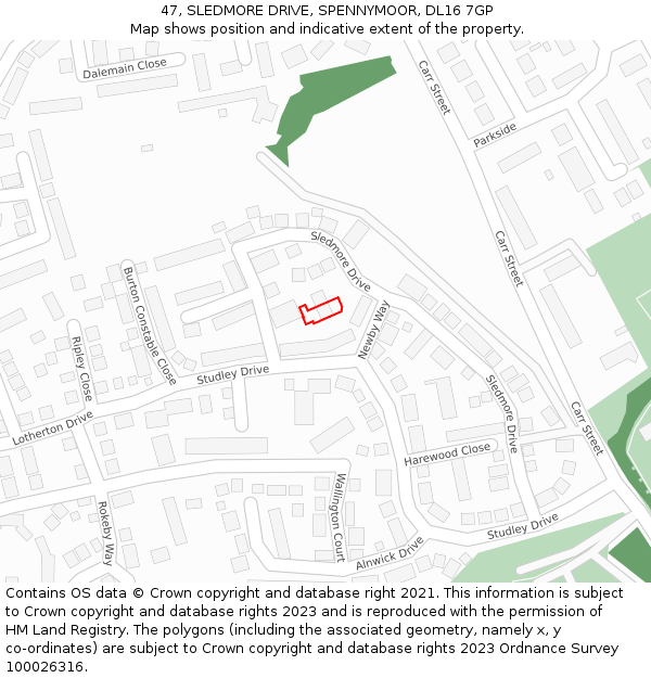 47, SLEDMORE DRIVE, SPENNYMOOR, DL16 7GP: Location map and indicative extent of plot