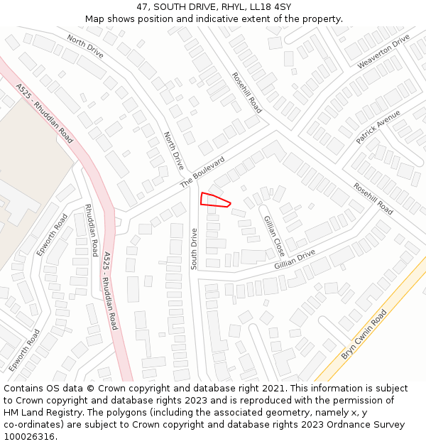 47, SOUTH DRIVE, RHYL, LL18 4SY: Location map and indicative extent of plot