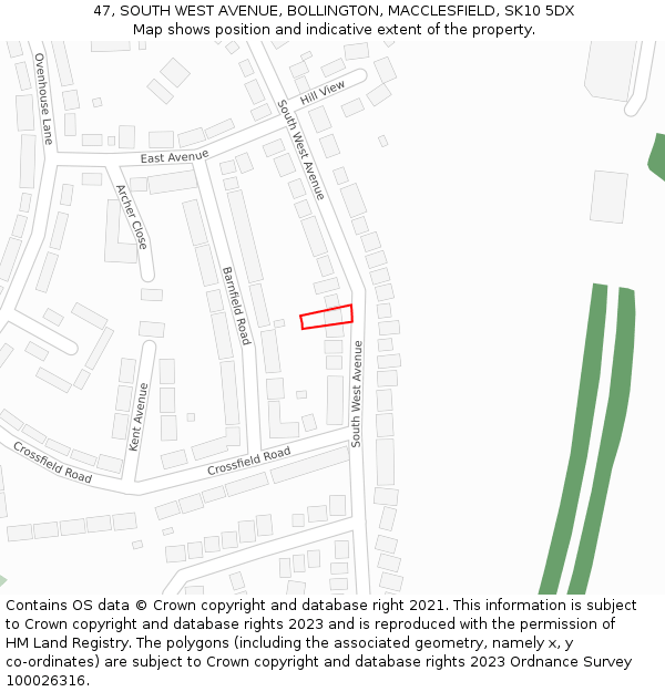 47, SOUTH WEST AVENUE, BOLLINGTON, MACCLESFIELD, SK10 5DX: Location map and indicative extent of plot