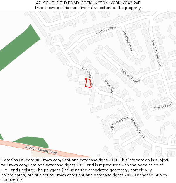 47, SOUTHFIELD ROAD, POCKLINGTON, YORK, YO42 2XE: Location map and indicative extent of plot