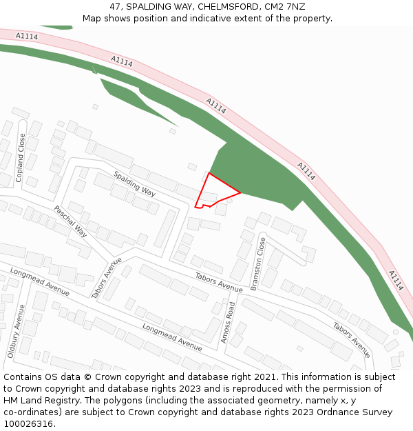 47, SPALDING WAY, CHELMSFORD, CM2 7NZ: Location map and indicative extent of plot