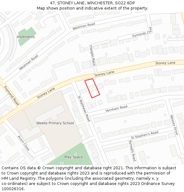 47, STONEY LANE, WINCHESTER, SO22 6DP: Location map and indicative extent of plot