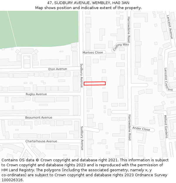 47, SUDBURY AVENUE, WEMBLEY, HA0 3AN: Location map and indicative extent of plot