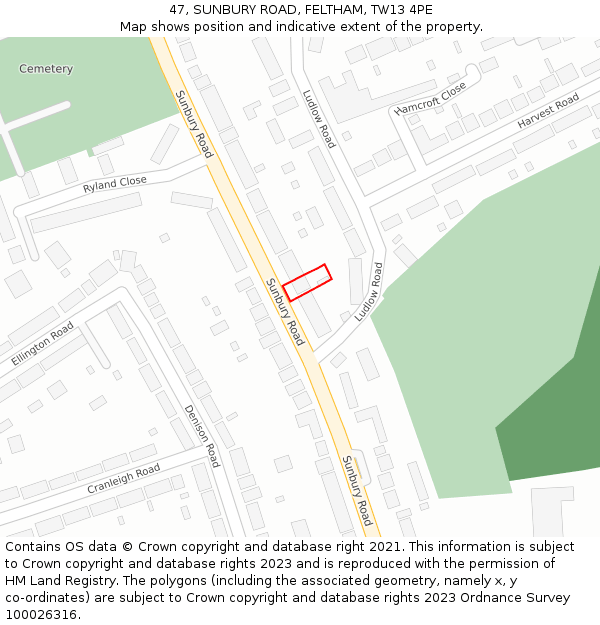 47, SUNBURY ROAD, FELTHAM, TW13 4PE: Location map and indicative extent of plot