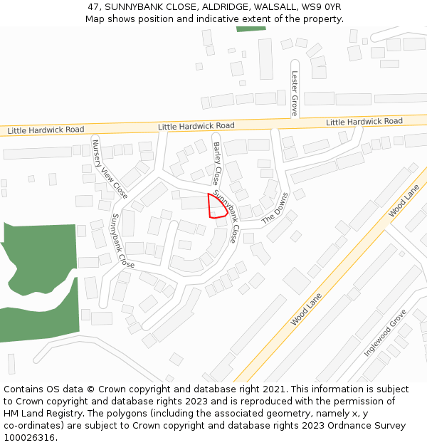 47, SUNNYBANK CLOSE, ALDRIDGE, WALSALL, WS9 0YR: Location map and indicative extent of plot