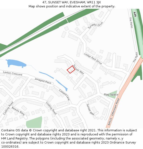 47, SUNSET WAY, EVESHAM, WR11 3JX: Location map and indicative extent of plot