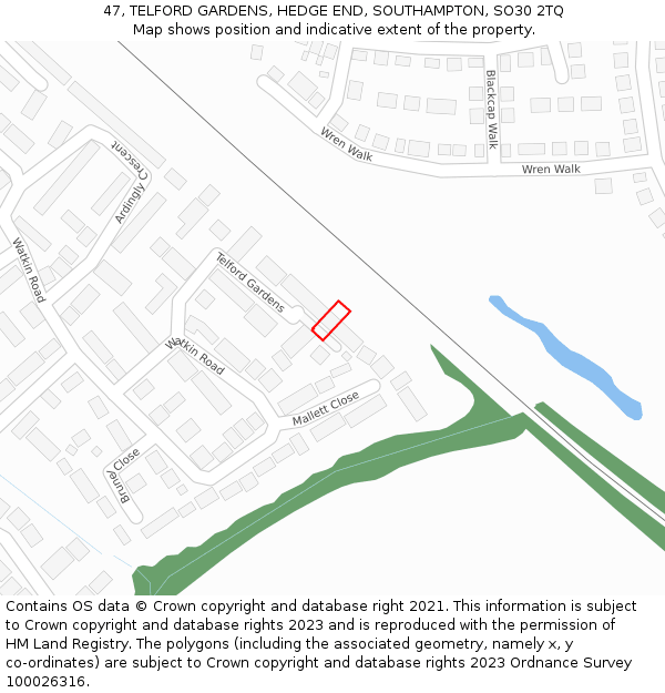 47, TELFORD GARDENS, HEDGE END, SOUTHAMPTON, SO30 2TQ: Location map and indicative extent of plot