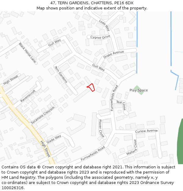 47, TERN GARDENS, CHATTERIS, PE16 6DX: Location map and indicative extent of plot