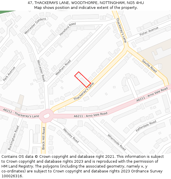 47, THACKERAYS LANE, WOODTHORPE, NOTTINGHAM, NG5 4HU: Location map and indicative extent of plot