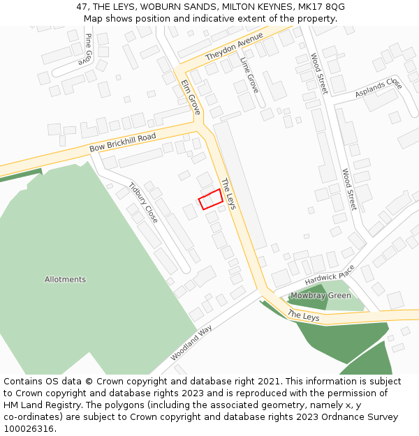 47, THE LEYS, WOBURN SANDS, MILTON KEYNES, MK17 8QG: Location map and indicative extent of plot