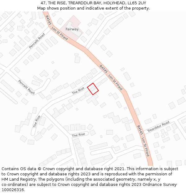 47, THE RISE, TREARDDUR BAY, HOLYHEAD, LL65 2UY: Location map and indicative extent of plot