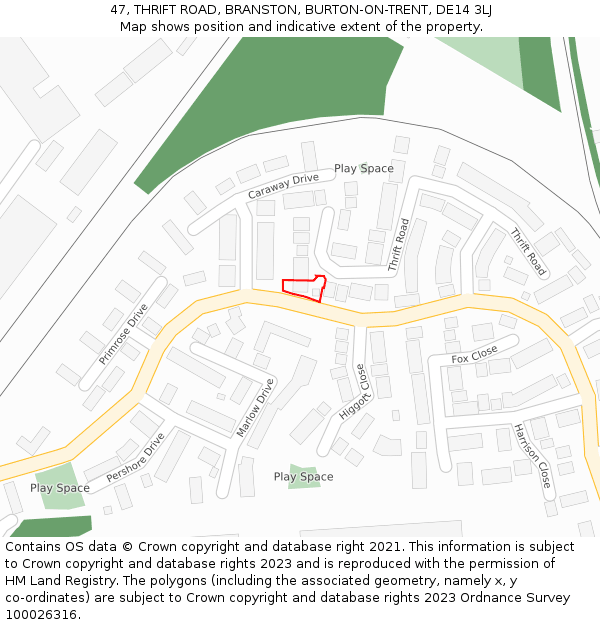 47, THRIFT ROAD, BRANSTON, BURTON-ON-TRENT, DE14 3LJ: Location map and indicative extent of plot