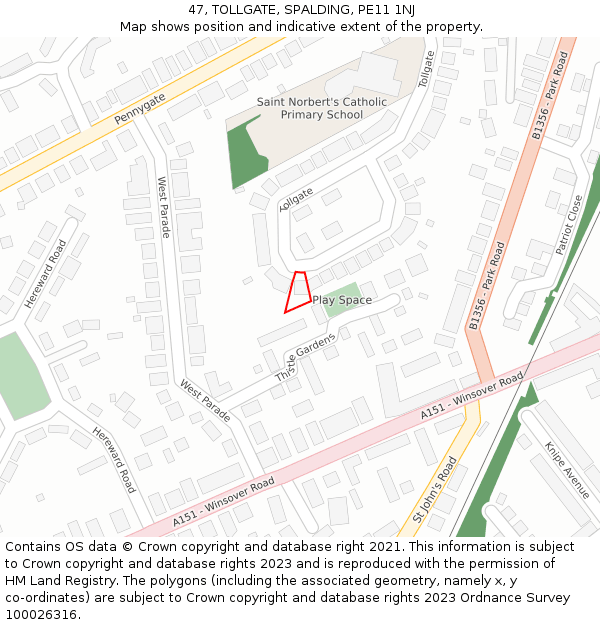 47, TOLLGATE, SPALDING, PE11 1NJ: Location map and indicative extent of plot