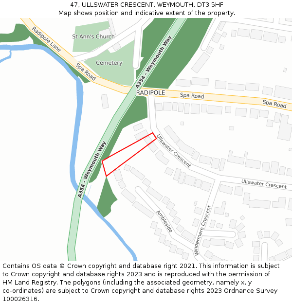 47, ULLSWATER CRESCENT, WEYMOUTH, DT3 5HF: Location map and indicative extent of plot