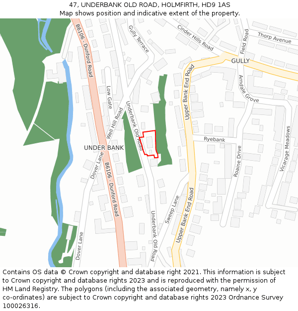 47, UNDERBANK OLD ROAD, HOLMFIRTH, HD9 1AS: Location map and indicative extent of plot