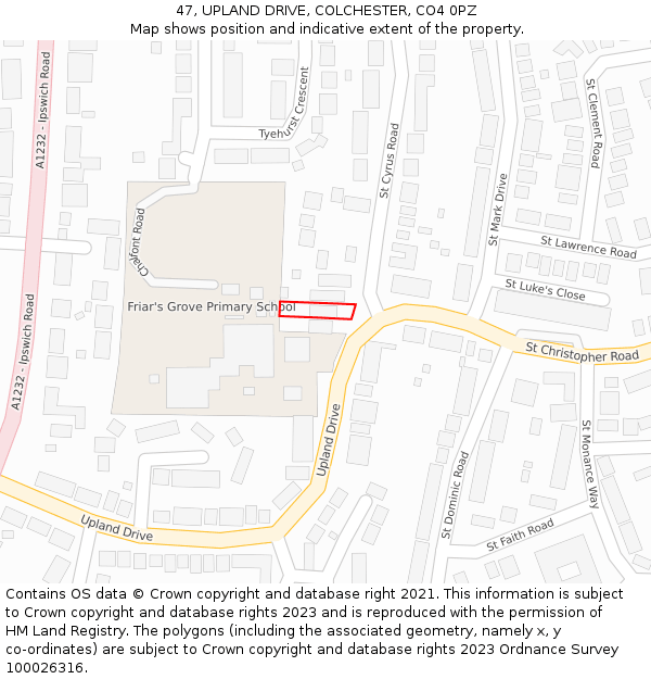 47, UPLAND DRIVE, COLCHESTER, CO4 0PZ: Location map and indicative extent of plot