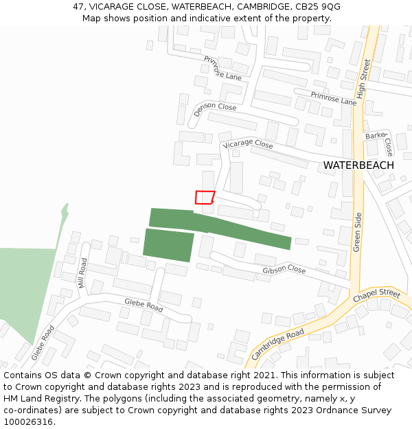 47, VICARAGE CLOSE, WATERBEACH, CAMBRIDGE, CB25 9QG: Location map and indicative extent of plot