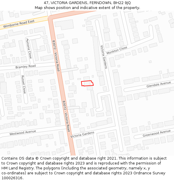 47, VICTORIA GARDENS, FERNDOWN, BH22 9JQ: Location map and indicative extent of plot