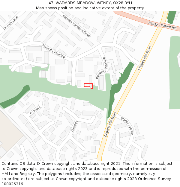 47, WADARDS MEADOW, WITNEY, OX28 3YH: Location map and indicative extent of plot