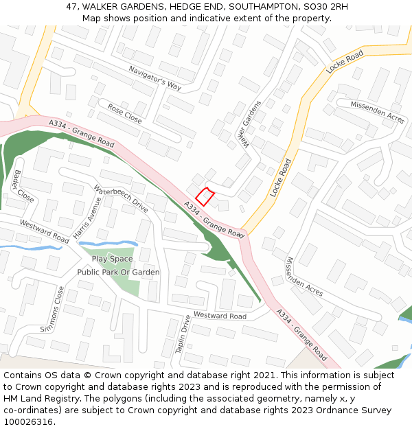 47, WALKER GARDENS, HEDGE END, SOUTHAMPTON, SO30 2RH: Location map and indicative extent of plot