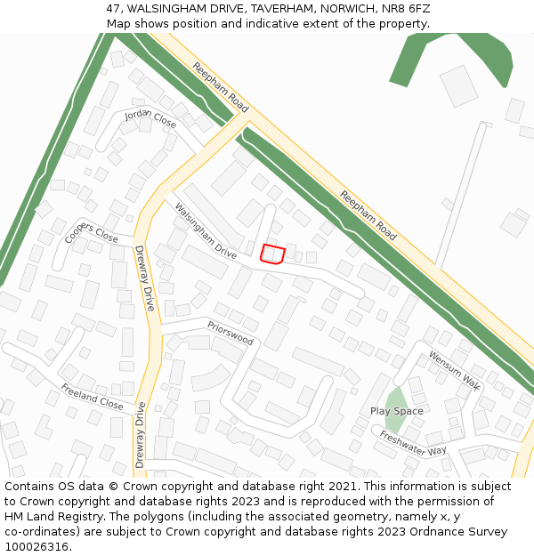 47, WALSINGHAM DRIVE, TAVERHAM, NORWICH, NR8 6FZ: Location map and indicative extent of plot