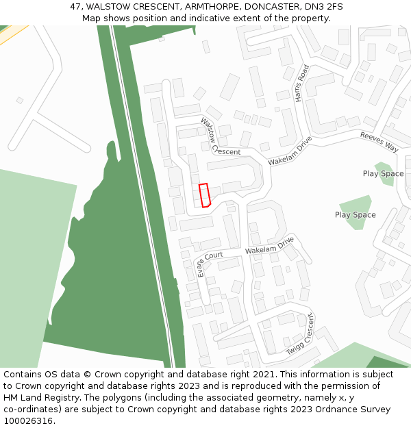 47, WALSTOW CRESCENT, ARMTHORPE, DONCASTER, DN3 2FS: Location map and indicative extent of plot