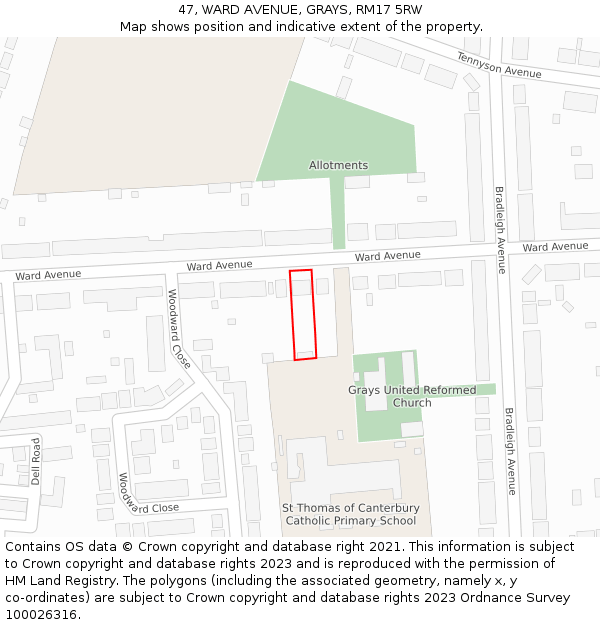 47, WARD AVENUE, GRAYS, RM17 5RW: Location map and indicative extent of plot